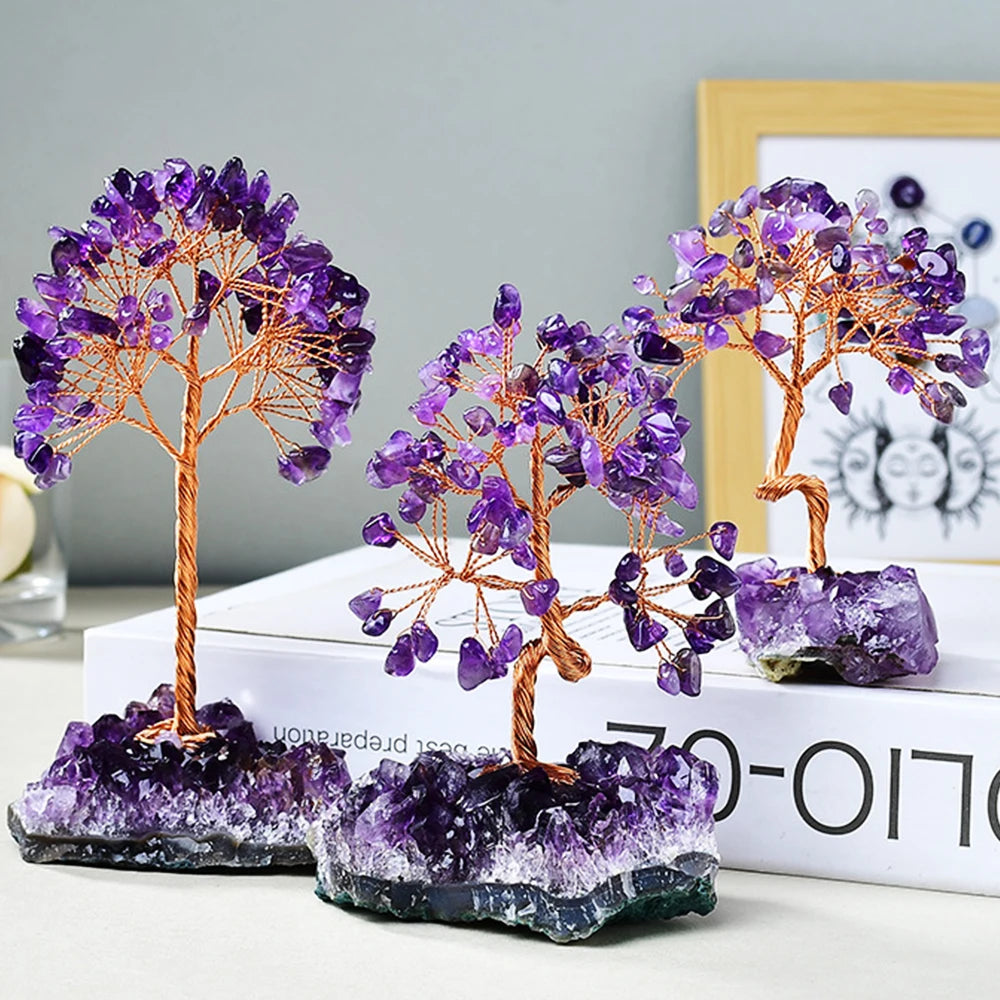 Amethyst Healing Crystals Stones Tree Wire Wrapped on Natural Crystals Gravel with Base Home Desk Living Room Stone Decoration