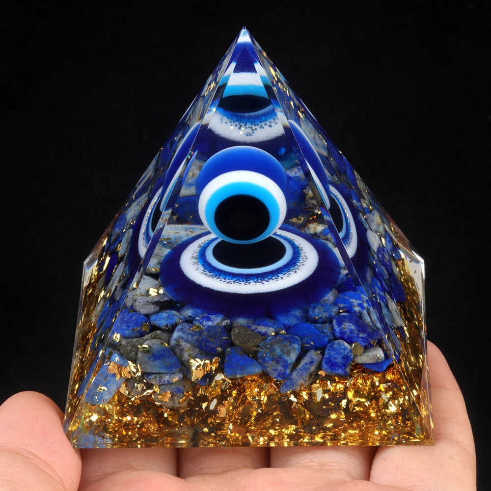 Blue Evil Eyes Crystal Stone Pyramid Energy Generator Natural Lapis Peridot Reiki Chakra Meditation Tool Room Decoration Jewelry