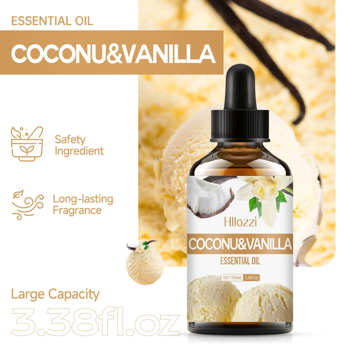 Coconut & Vanilla Essential Oils Can Be Used for Body Massage, DIY Candle and Soap Making, Long Lasting Fragrance, Alcohol Free.
