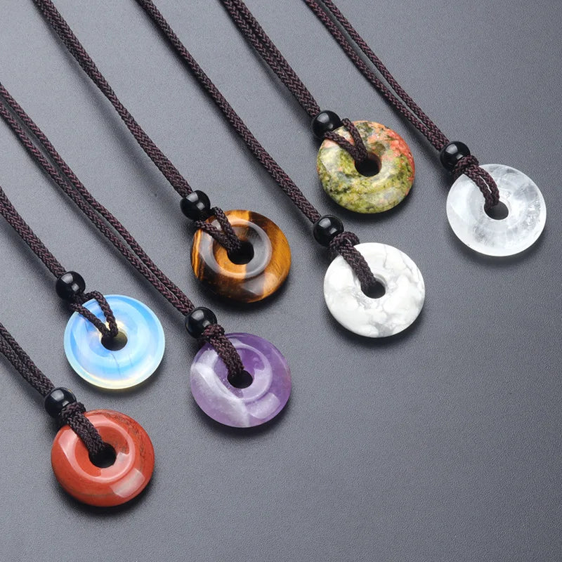 20Mm Circle Donut Healing Crystals Necklace Natural Chakra Gemstone Stone Amulet Lucky Coin Donuts Charm Protection Quartz Agate
