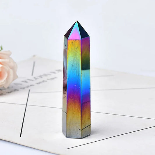 1PC Natural Aura Obsidian Crystal Point Electroplating Wand Healing Stone Energy White Quartz Home Decoration Reiki Tower Gifts