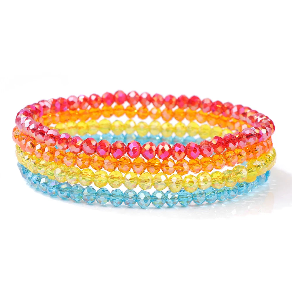 4Pcs/Set Shinning Crystal Beads Elastic Bracelet Bohemian Faceted Colorful Crystal Glass Beaded Bracelet Bangles Set for Women