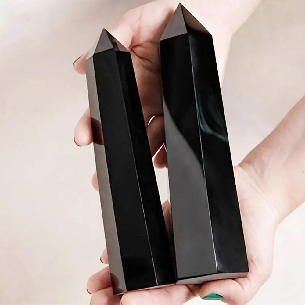 15Cm Natural Obsidian Single Pointed Hexagonal Prism Crystal Point Wand Tower Pillar Home Decoration Gift Stones Crafts Ornament