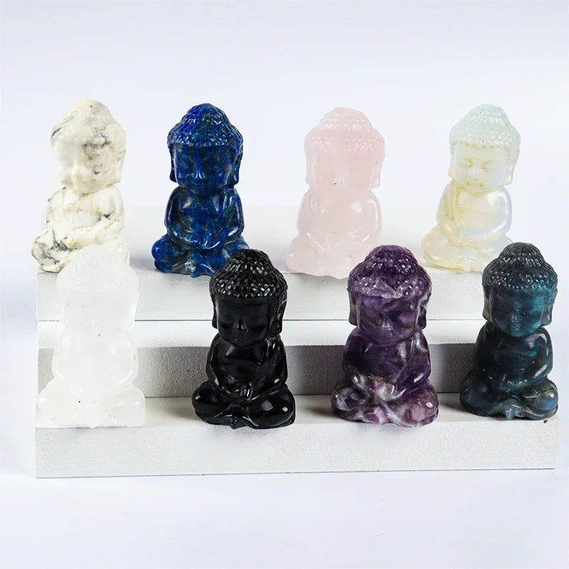 Hand-Carved Bady Buddha Mini Figurine Stone Rose Quartz Crystal Craft Gemstone Statue Healing Feng Shui Religion Home Ornament