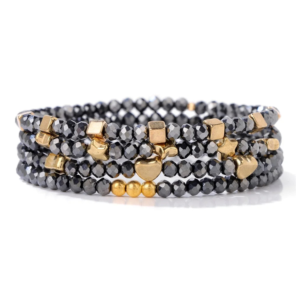 4Pcs/Set Shinning Crystal Beads Elastic Bracelet Bohemian Faceted Colorful Crystal Glass Beaded Bracelet Bangles Set for Women