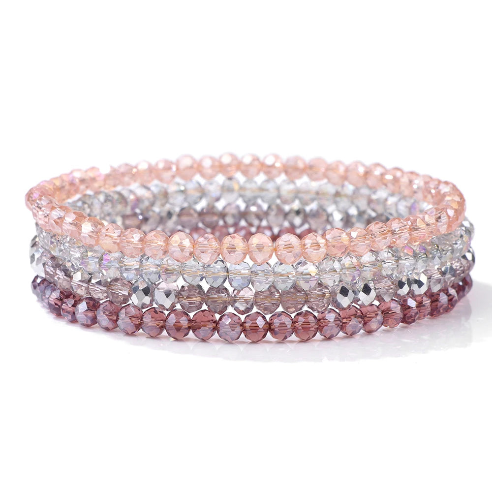 4Pcs/Set Shinning Crystal Beads Elastic Bracelet Bohemian Faceted Colorful Crystal Glass Beaded Bracelet Bangles Set for Women