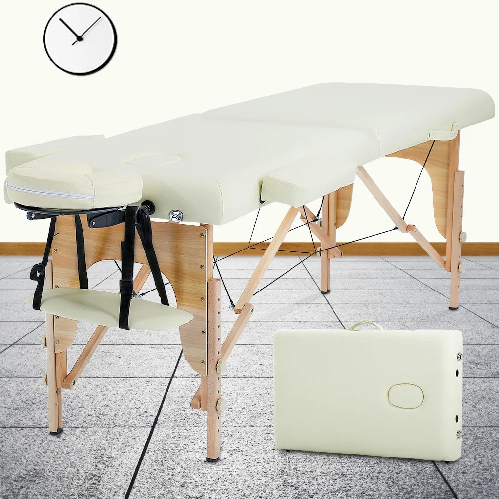 Bestmessage 73” Long 2 Foldabe & Portable Massage Table Carry Case Heigh Adjustable Salon Bed Face Cradle Bed,Cream White