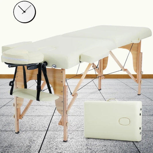Bestmessage 73” Long 2 Foldabe & Portable Massage Table Carry Case Heigh Adjustable Salon Bed Face Cradle Bed,Cream White