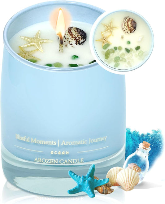 Ocean Scented Candles Gift for Women-10Oz Aromatherapy Sea Beach Soy Candles for Home Scented with Healing Crystal Inside-55H Burn Gifts for Christmas, Birthday, Women, Holiday